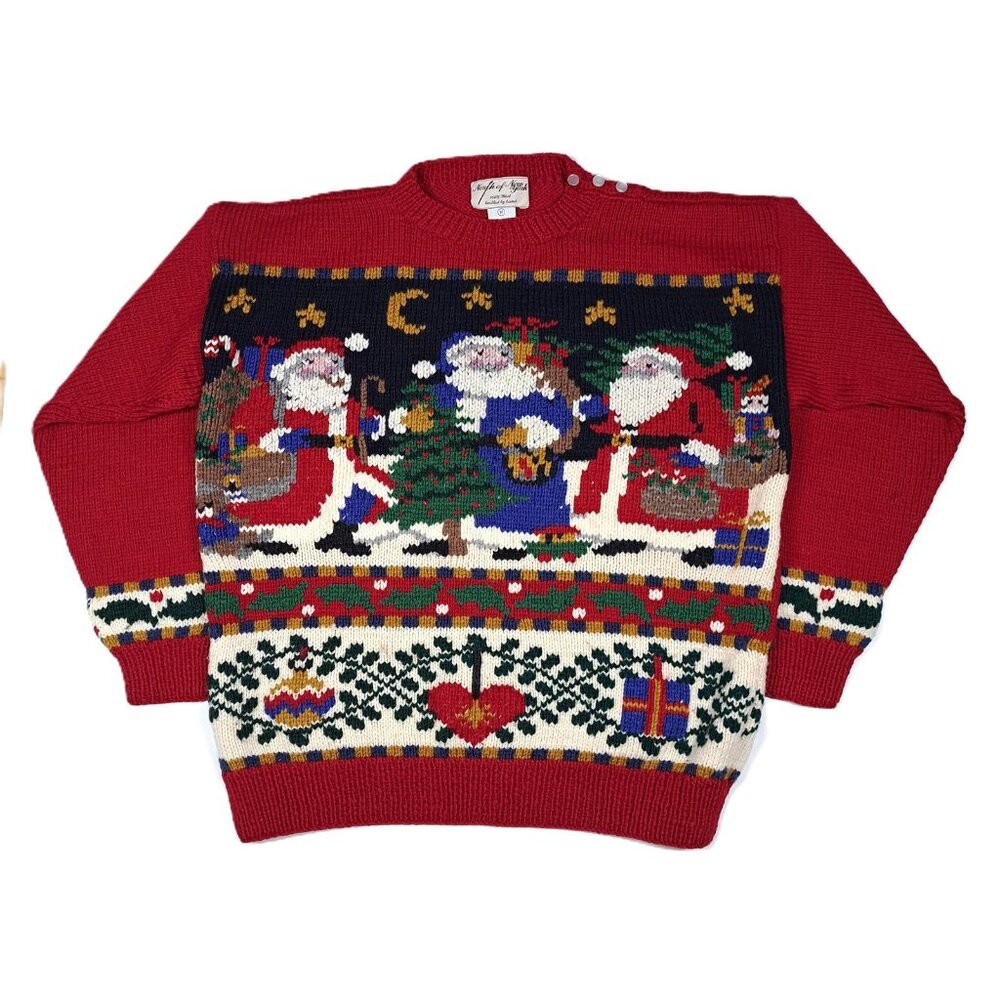 Womens Wool Santa Sweater Christmas North of New York Hand Knitted Uruguay M Vtg